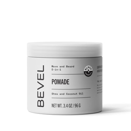 Bevel front packaging of pomade showing jar and label, promotes neat styling