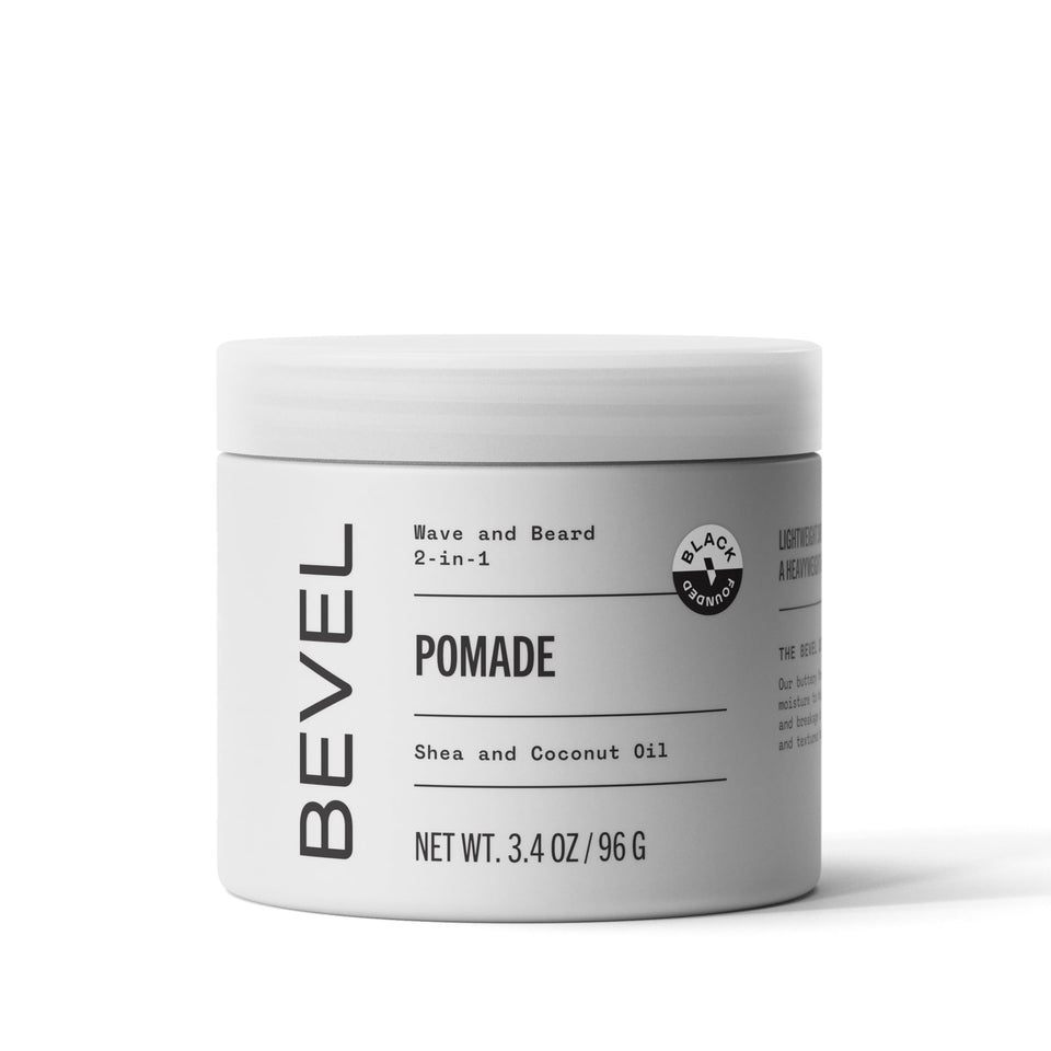 Bevel front packaging of pomade showing jar and label, promotes neat styling