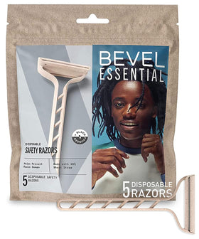 Bevel front packaging showing five disposable razors and brand for travel convenience