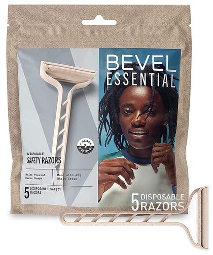 Bevel front packaging showing five disposable razors and brand for travel convenience