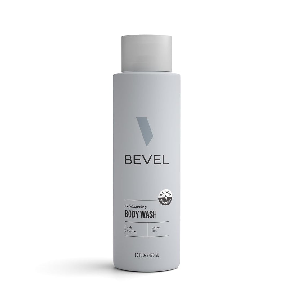 Bevel front packaging showing bottle and label, communicates premium grooming