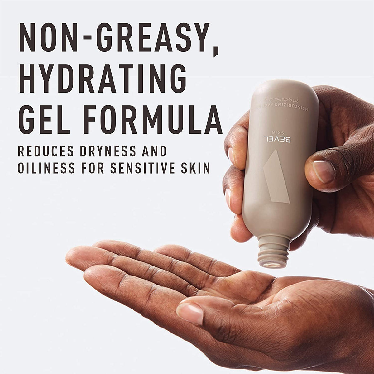 Bevel moisturizer pump dispensing gel illustrating easy single-hand application benefit