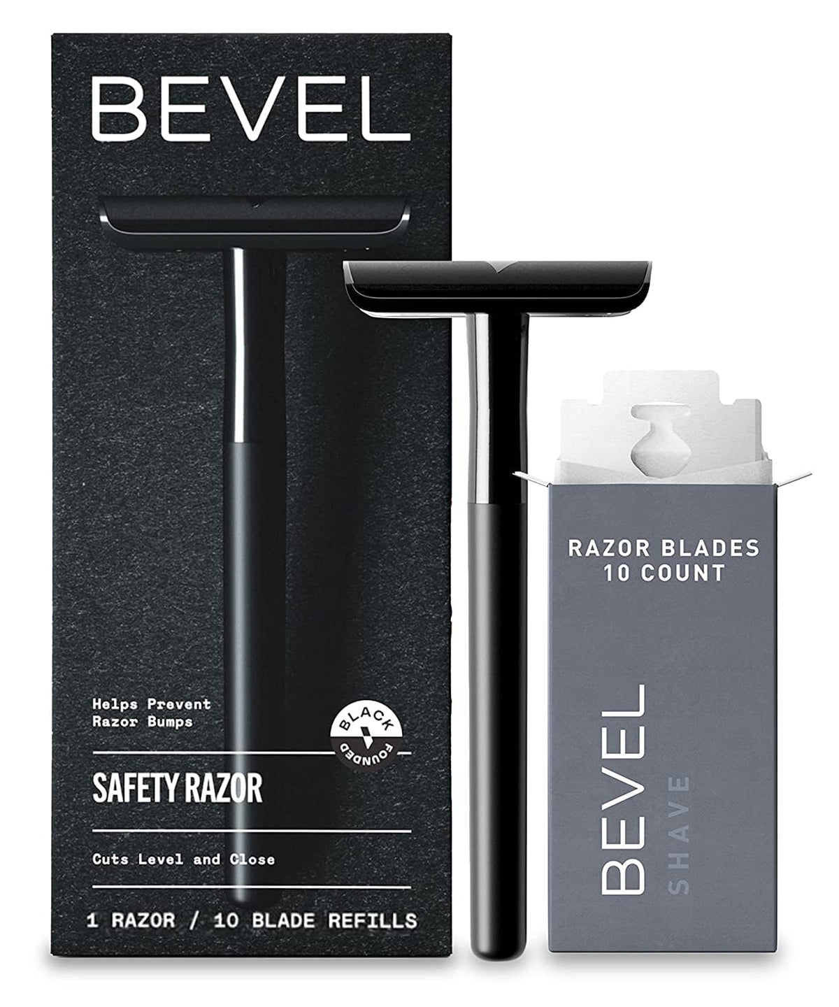 Bevel razor front view showing black finish and balanced design for precise shaving