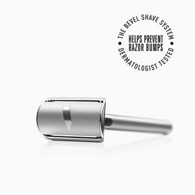 Bevel razor with ten blades and packaging indicating ready replacements