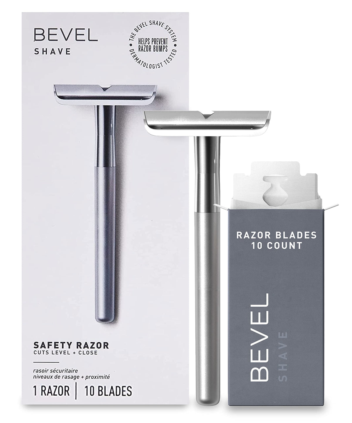 Bevel safety razor front view showing sleek silver head and balanced profile for precise shaving
