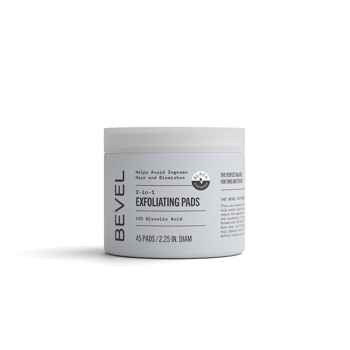 Bevel front packaging showing 45 exfoliating toner pads and benefits