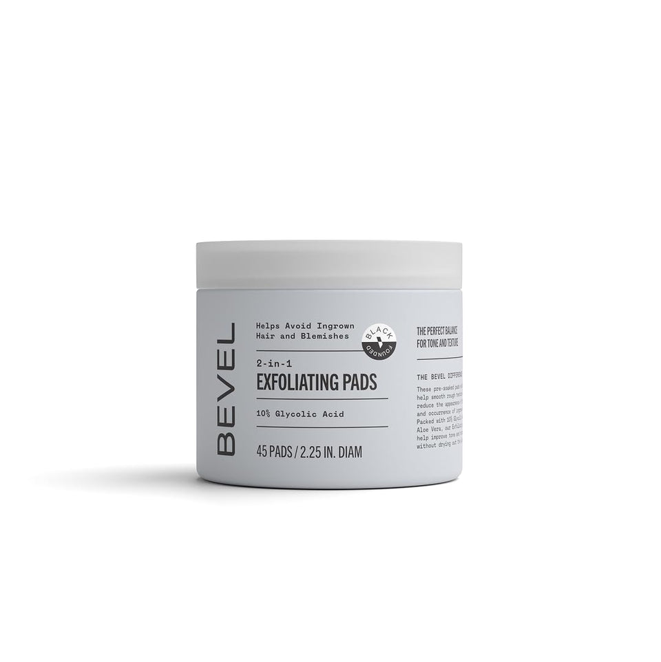Bevel front packaging showing 45 exfoliating toner pads and benefits