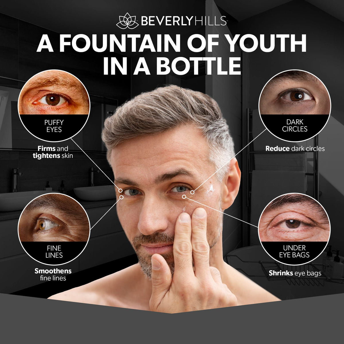 Beverly Hills applying serum under eye to reduce puffiness and brighten appearance