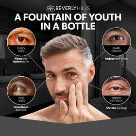 Beverly Hills applying serum under eye to reduce puffiness and brighten appearance