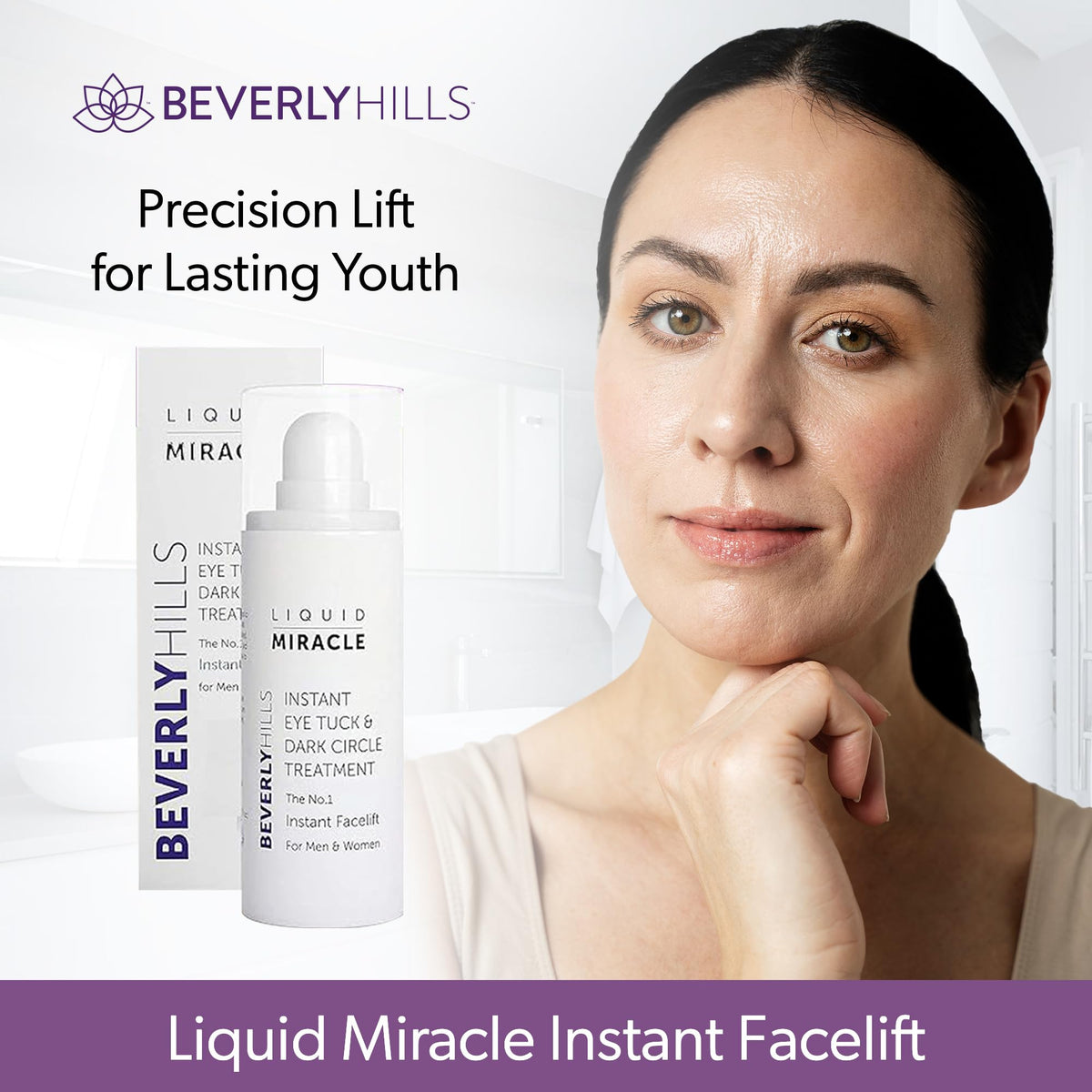 BEVERLY HILLS serum on a bathroom vanity styled with towel showing daily routine integration benefit
