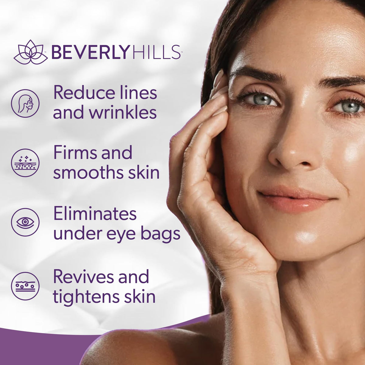 BEVERLY HILLS V-Lift model applying serum under eye illustrating simple routine