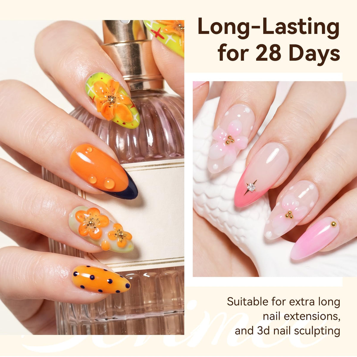 Bevimee sculpted nail closeup showing raised 3D pattern durability