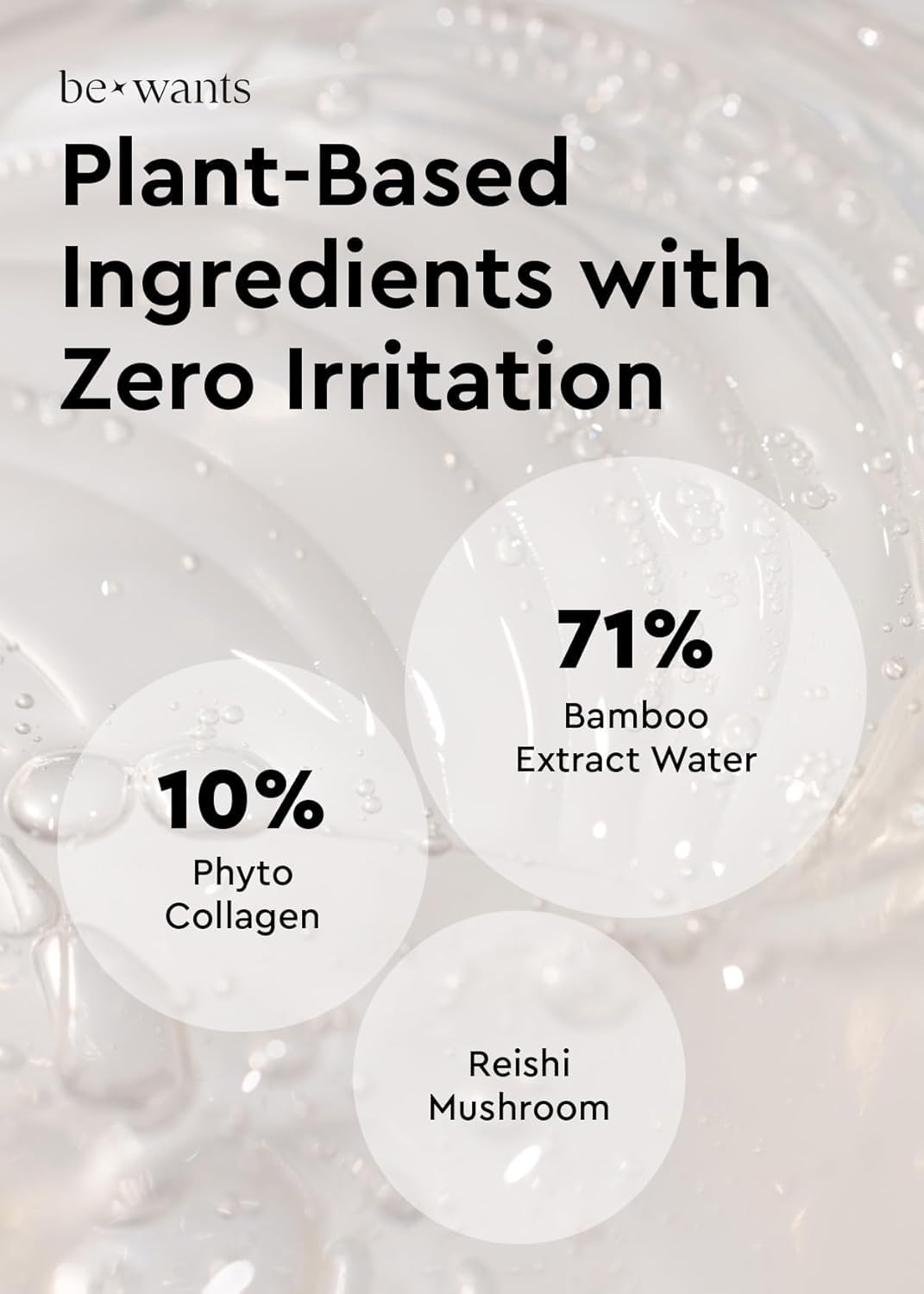 BE+WANTS ingredient label close-up displaying bamboo water and collagen benefit