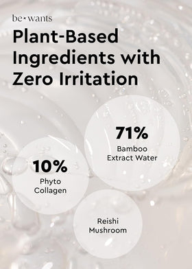 BE+WANTS ingredient label close-up displaying bamboo water and collagen benefit