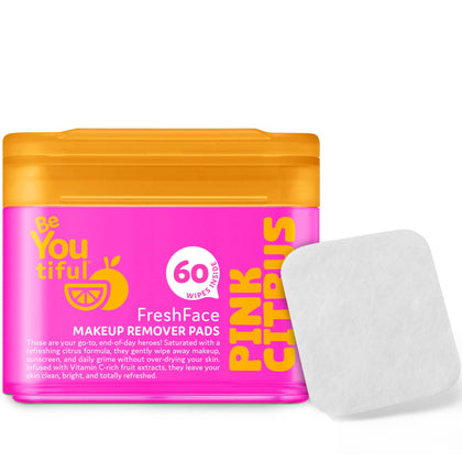 BeYoutiful front jar showing 60 pads and citrus design, convenient cleansing