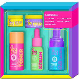 BeYoutiful gift box front view showing five-piece teen skincare kit benefits