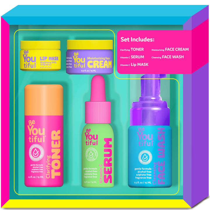 BeYoutiful gift box front view showing five-piece teen skincare kit benefits