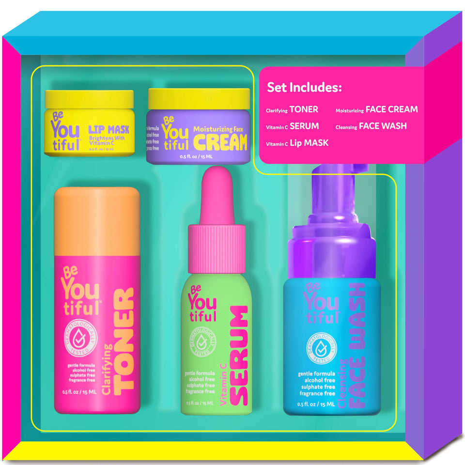 BeYoutiful gift box front view showing five-piece teen skincare kit benefits