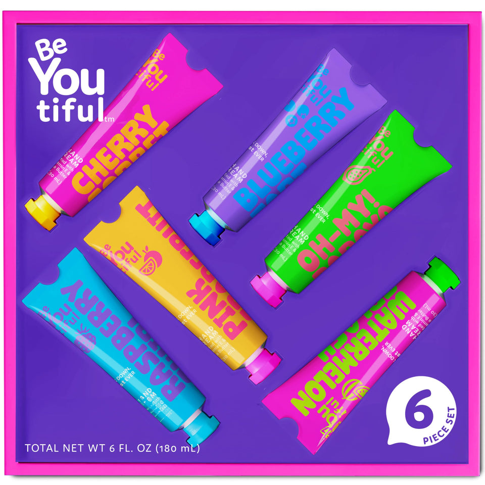 BeYoutiful front packaging showing six fruity travel tubes and gifting appeal
