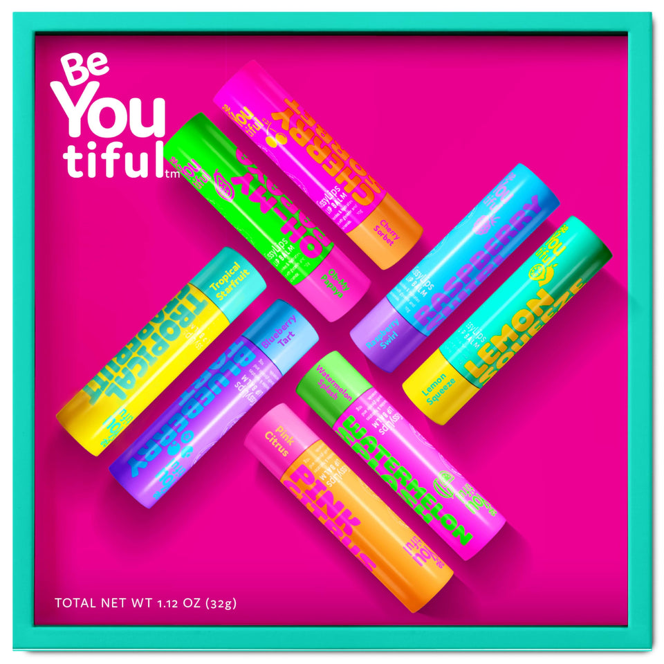 BeYoutiful front packaging showing eight colorful lip balms and gift box convenience