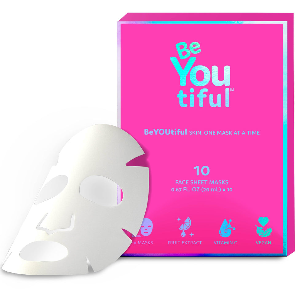 BeYoutiful gift box front showing ten colorful mask sachets and playful packaging that delights