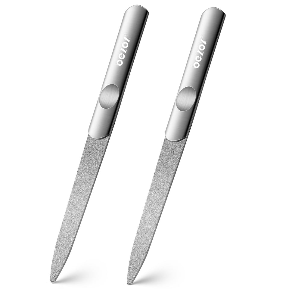 BEZOX front view of two metal nail files showing sleek stainless finish and portability benefit