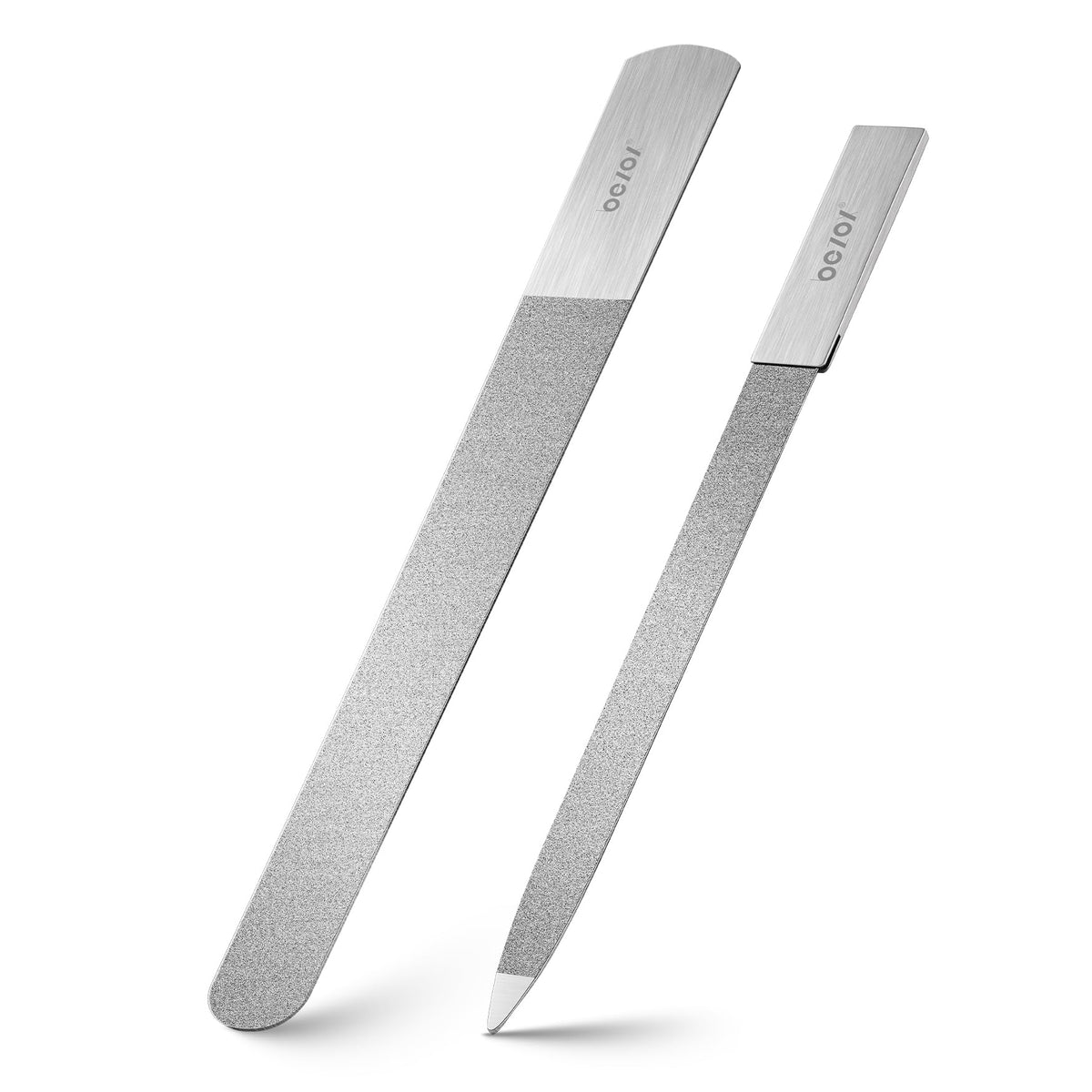 BEZOX front view of two stainless steel nail files showing sleek silver finish and size