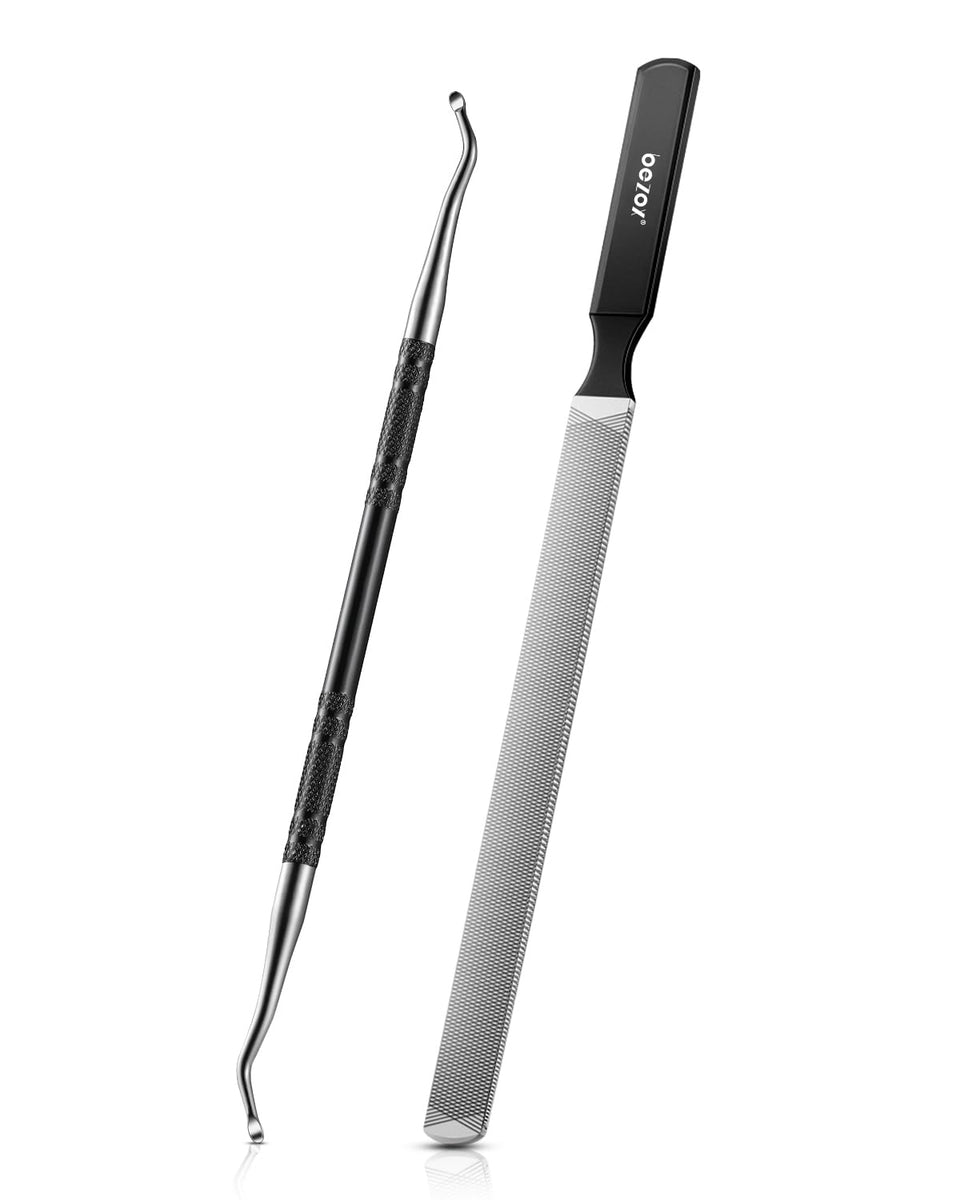 BEZOX front view of black metal nail file showing whole tool and finish benefit