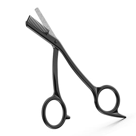 BEZOX front view of black eyebrow scissors with comb showing dual function and compact design