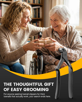 BEZOX senior seated using clippers demonstrating reduced bending benefit