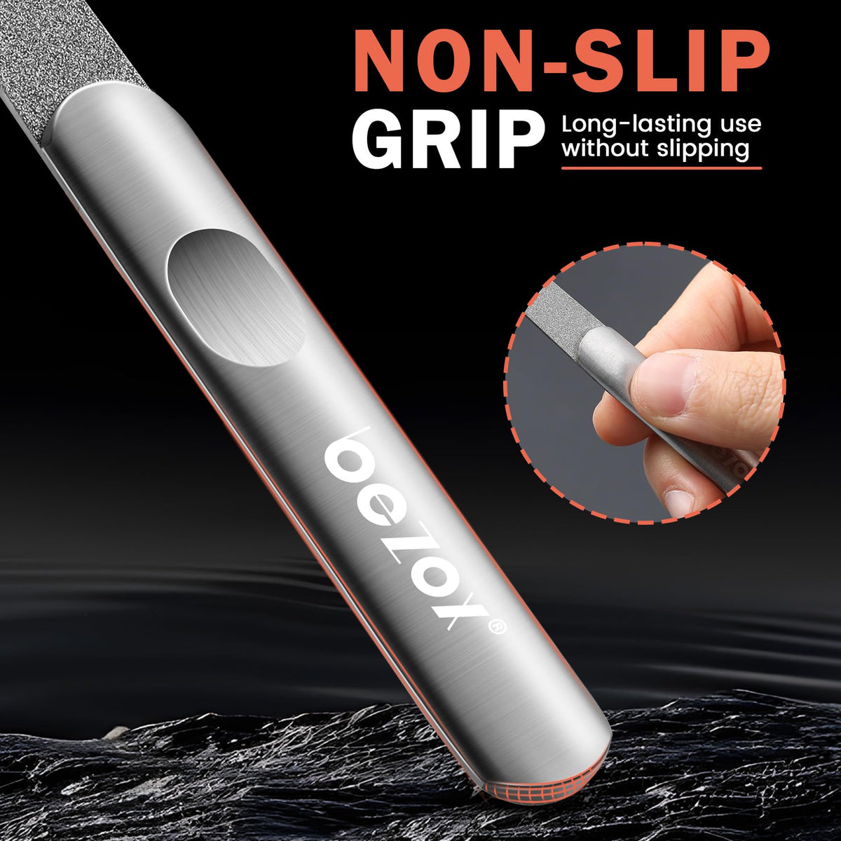 BEZOX file beside a hand for size comparison showing compact travel-friendly benefit