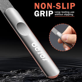 BEZOX file beside a hand for size comparison showing compact travel-friendly benefit