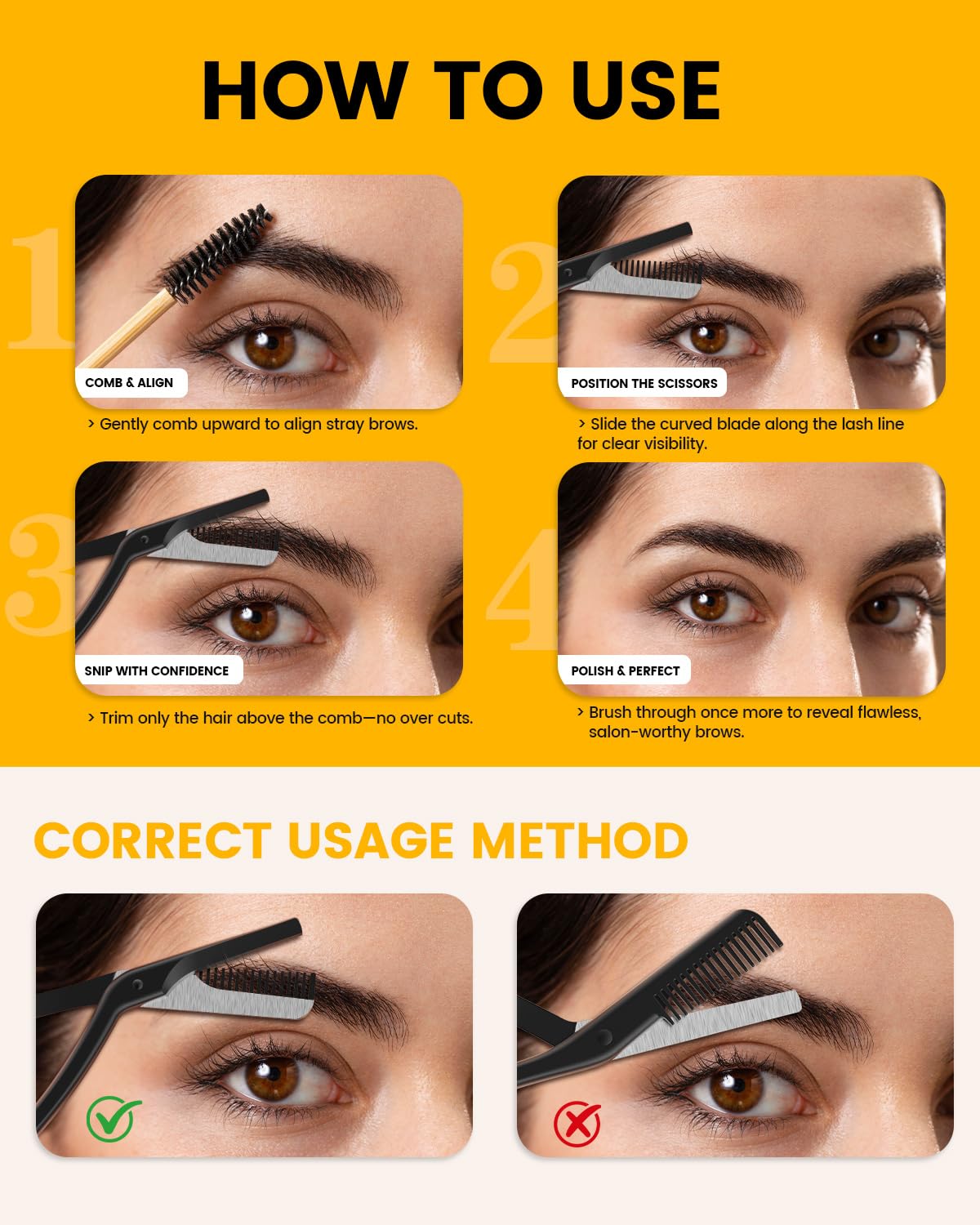 BEZOX scissors trimming brows in use demonstrating controlled, salon-like shaping