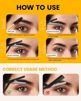 BEZOX scissors trimming brows in use demonstrating controlled, salon-like shaping