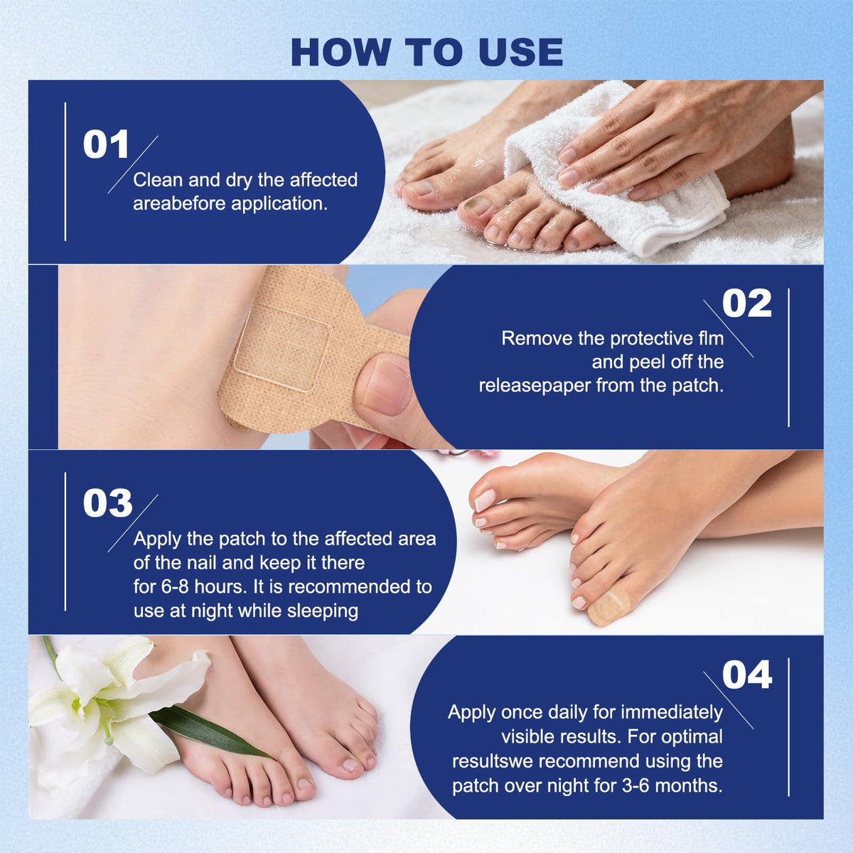 bfgckj patch on toenail in bed illustrating comfortable overnight wear