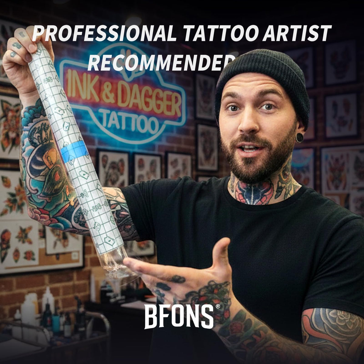 BFONS trimmed film covering large tattoo area demonstrating custom fit benefit