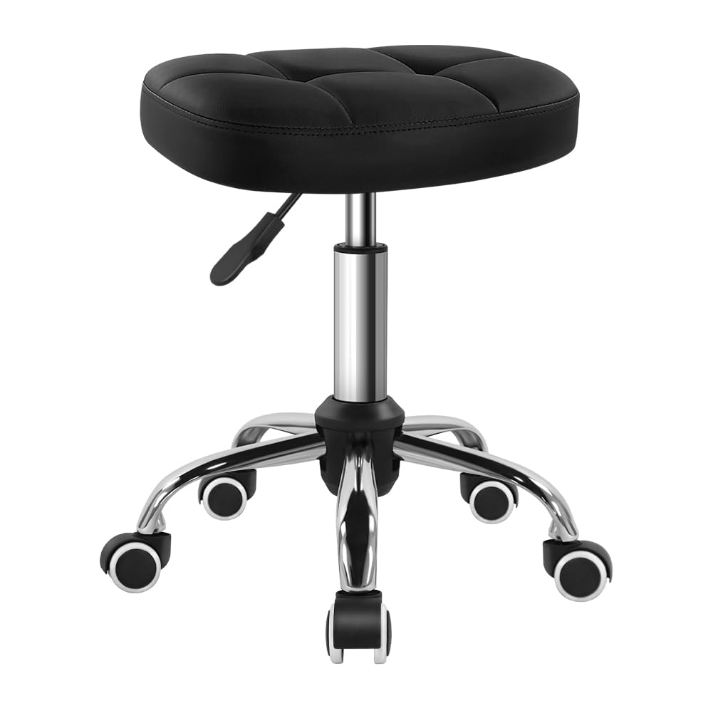 BFTOU front view of black minimalist swivel stool showing compact profile and mobility benefit