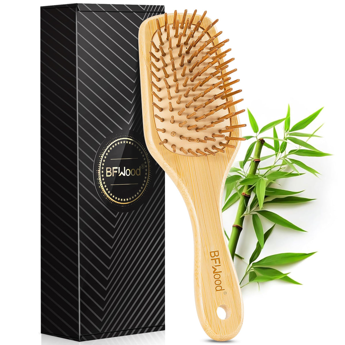 BFWood front view of bamboo paddle brush showing full shape and paddle benefit