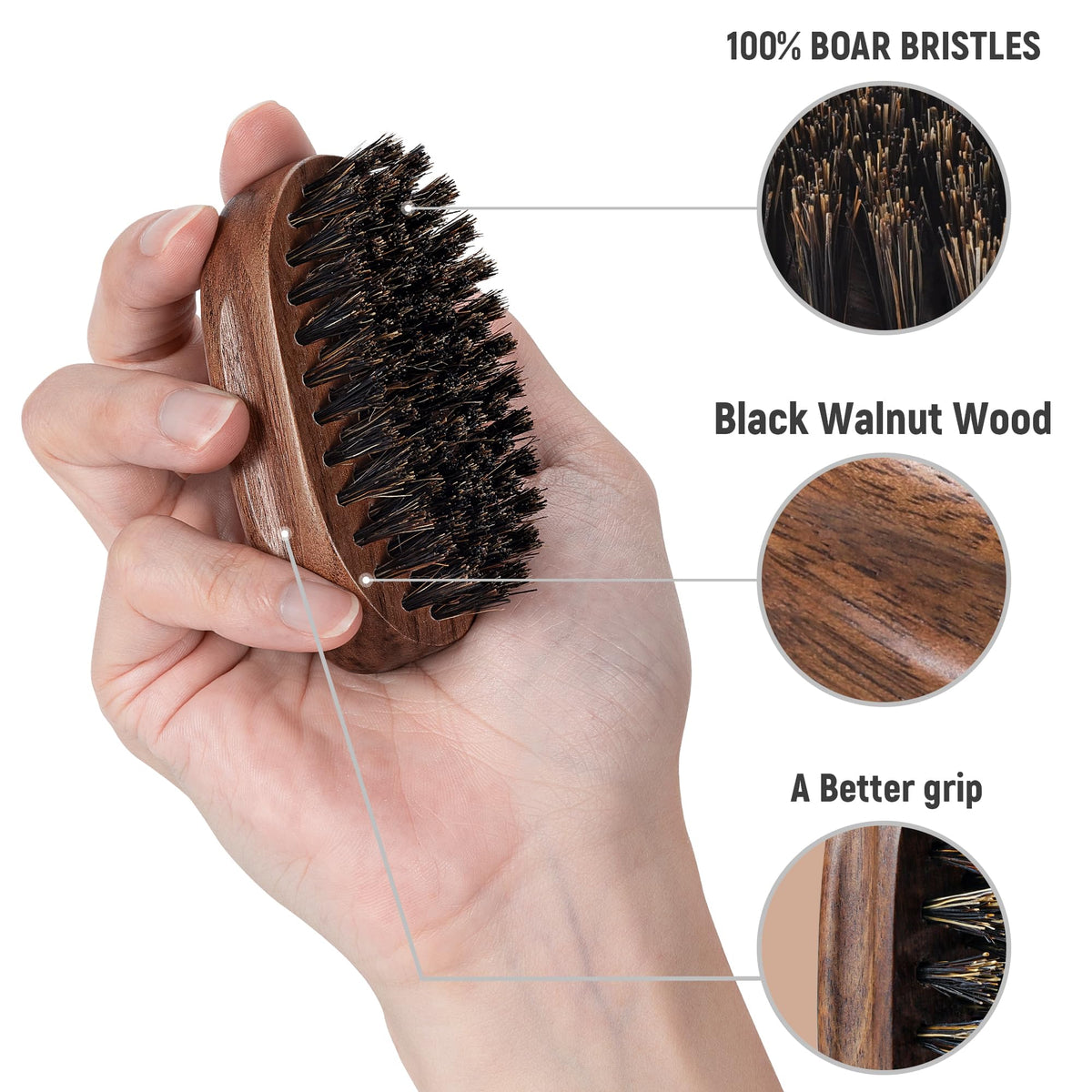 BFWood close-up of natural boar bristles distributing oils for softer beard