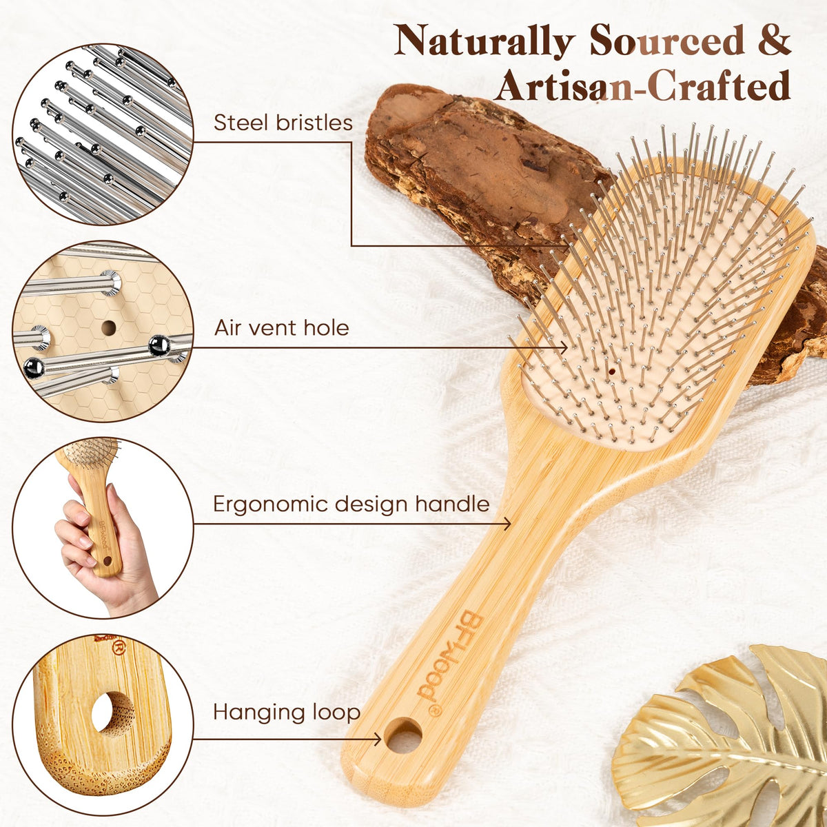BFWood close-up of steel bristles with rounded tips, gentle detangling benefit
