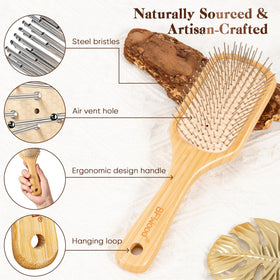 BFWood close-up of steel bristles with rounded tips, gentle detangling benefit