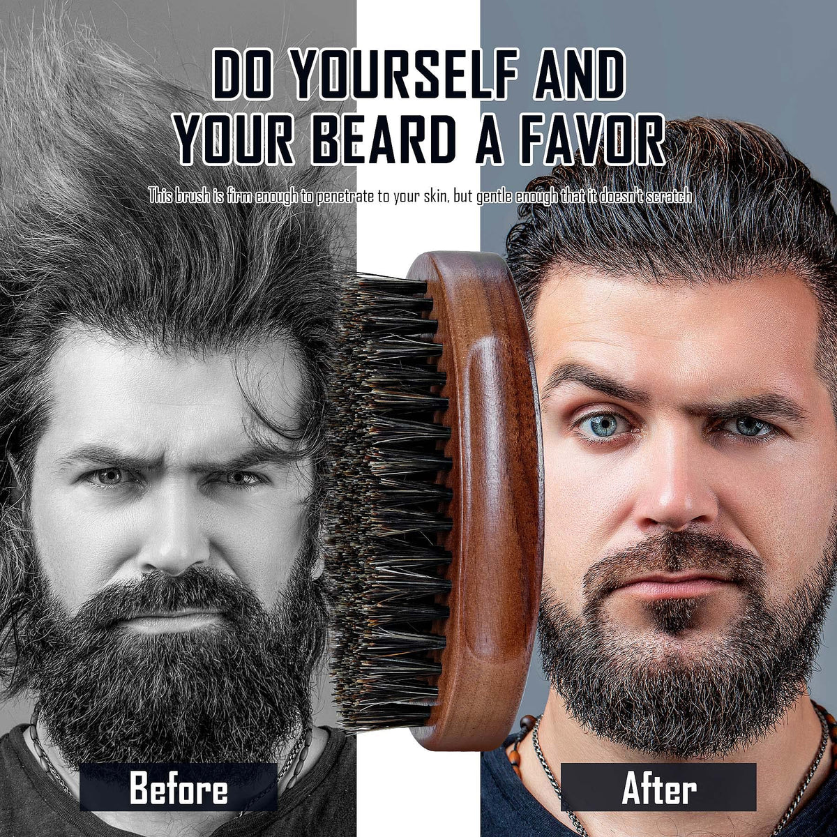 BFWood brushing beard while applying oil to distribute product evenly