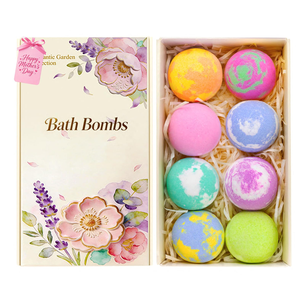 Bgiscaw eight bath bombs arranged by color demonstrating variety and selection