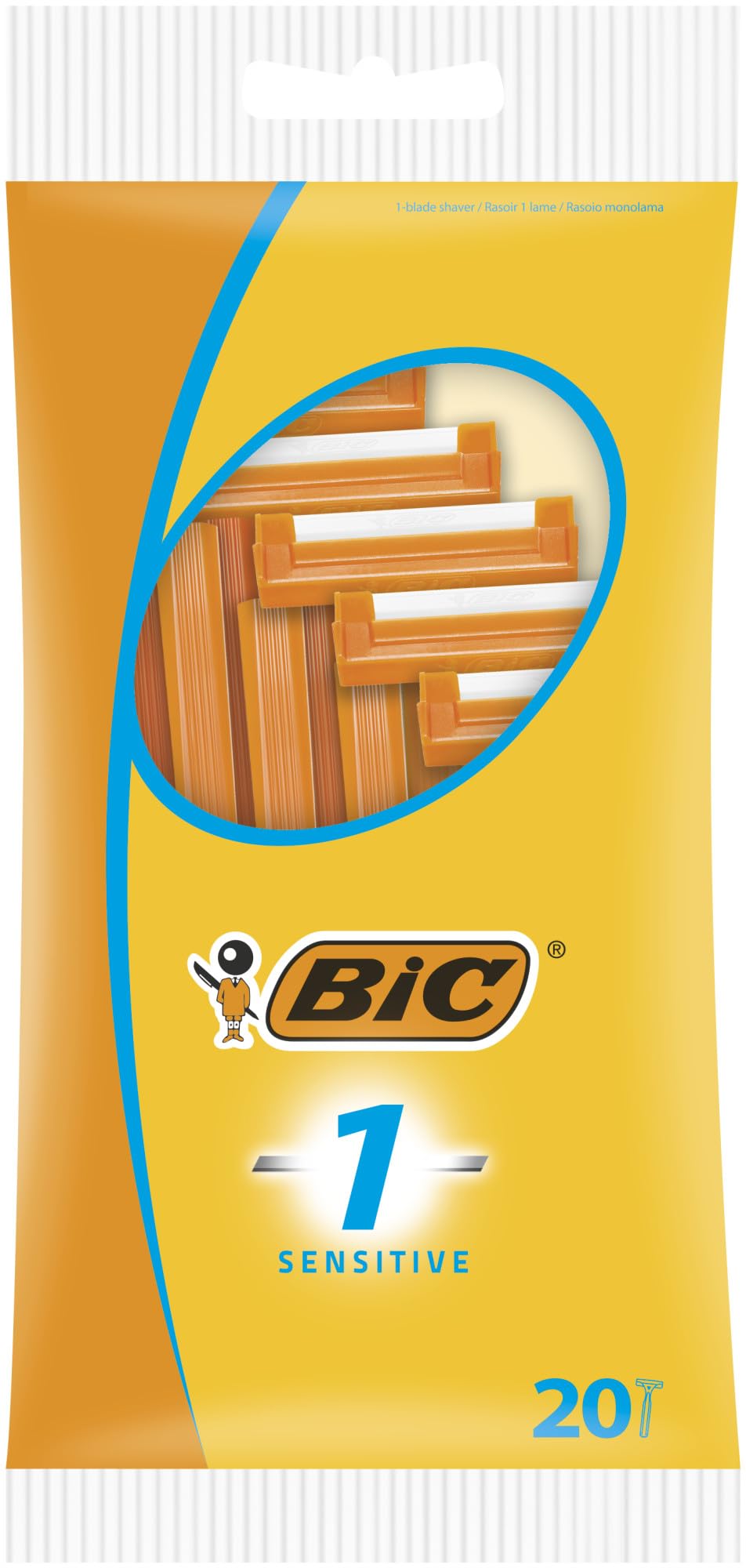 BIC 1 sensitive pack front showing 20 disposable razors and clear labeling for convenience