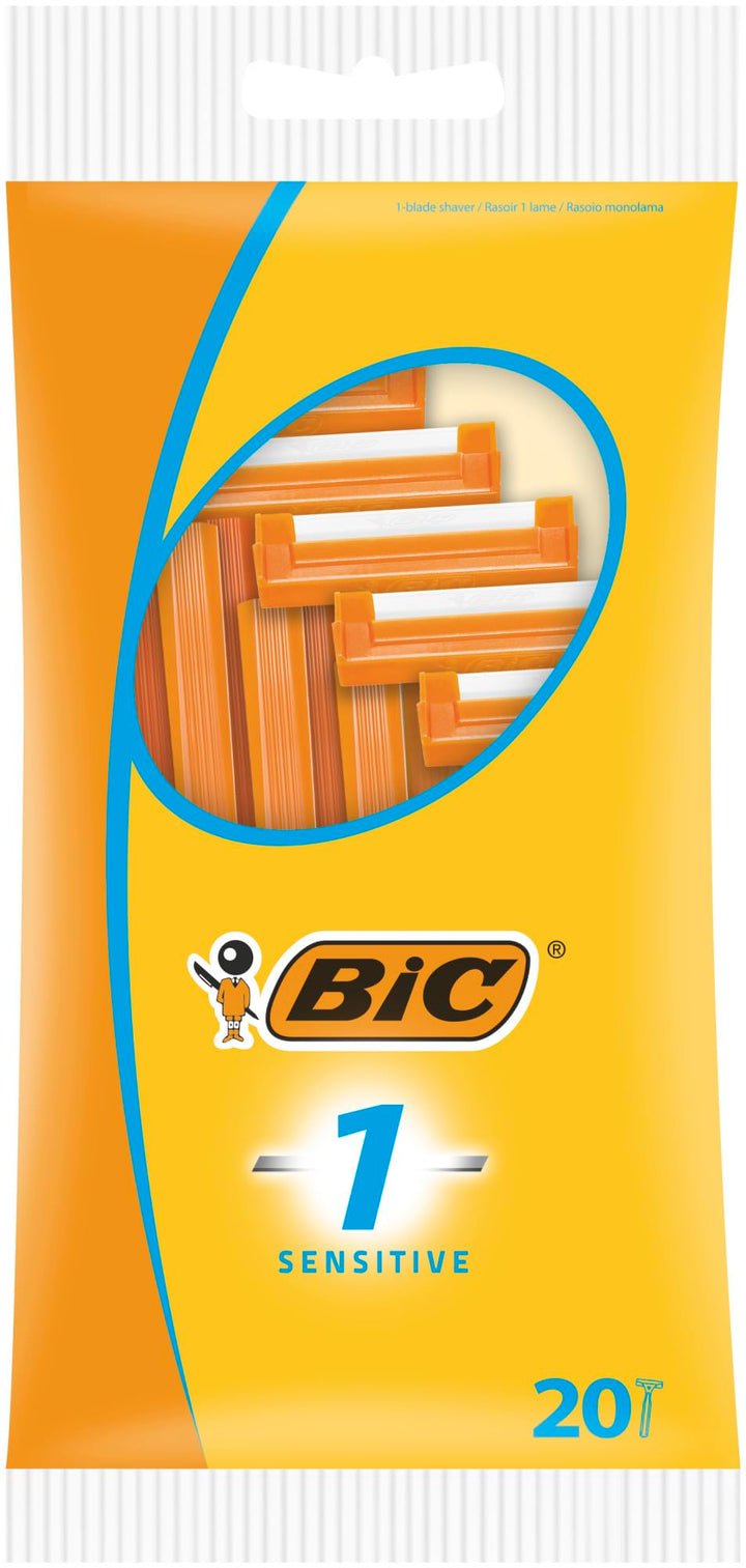 BIC 1 sensitive pack front showing 20 disposable razors and clear labeling for convenience
