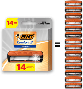 BIC Comfort 3 front pack showing 14 refill cartridges and product benefits