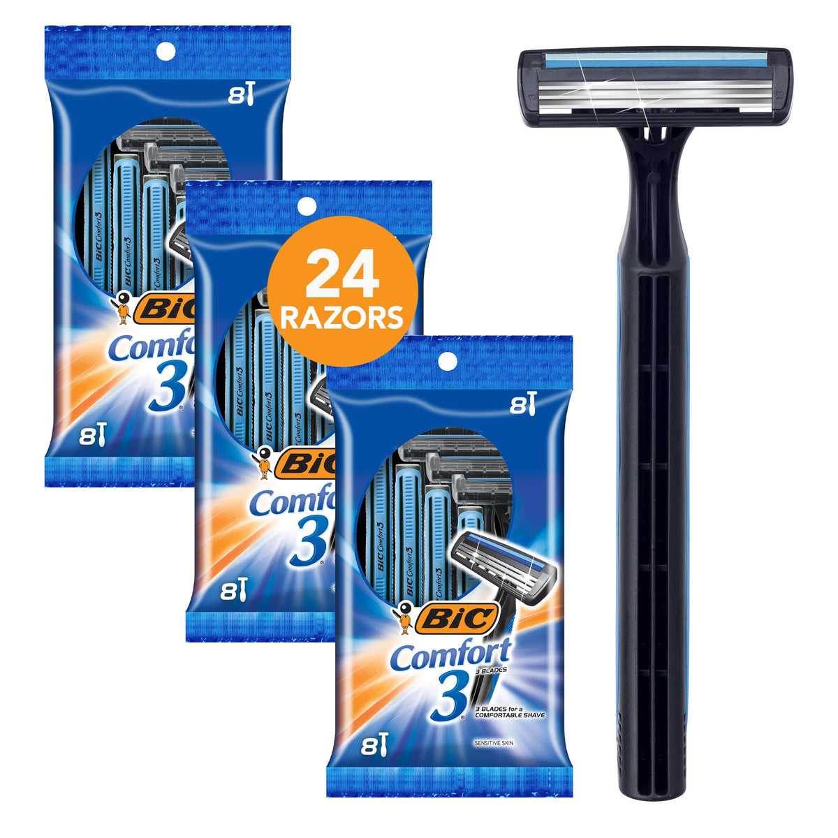 BIC Comfort 3 front packaging showing 24-count benefits and convenience