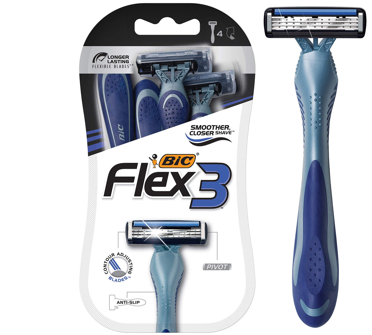 BIC Flex 3 front packaging showing four disposable razors and product branding for convenience