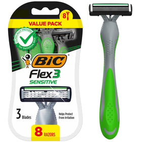 BIC Flex 3 front packaging showing eight razors and product benefits