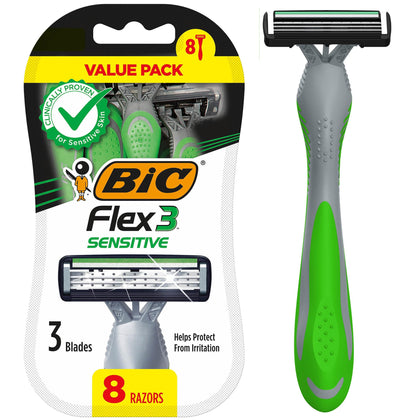 BIC Flex 3 front packaging showing eight razors and product benefits